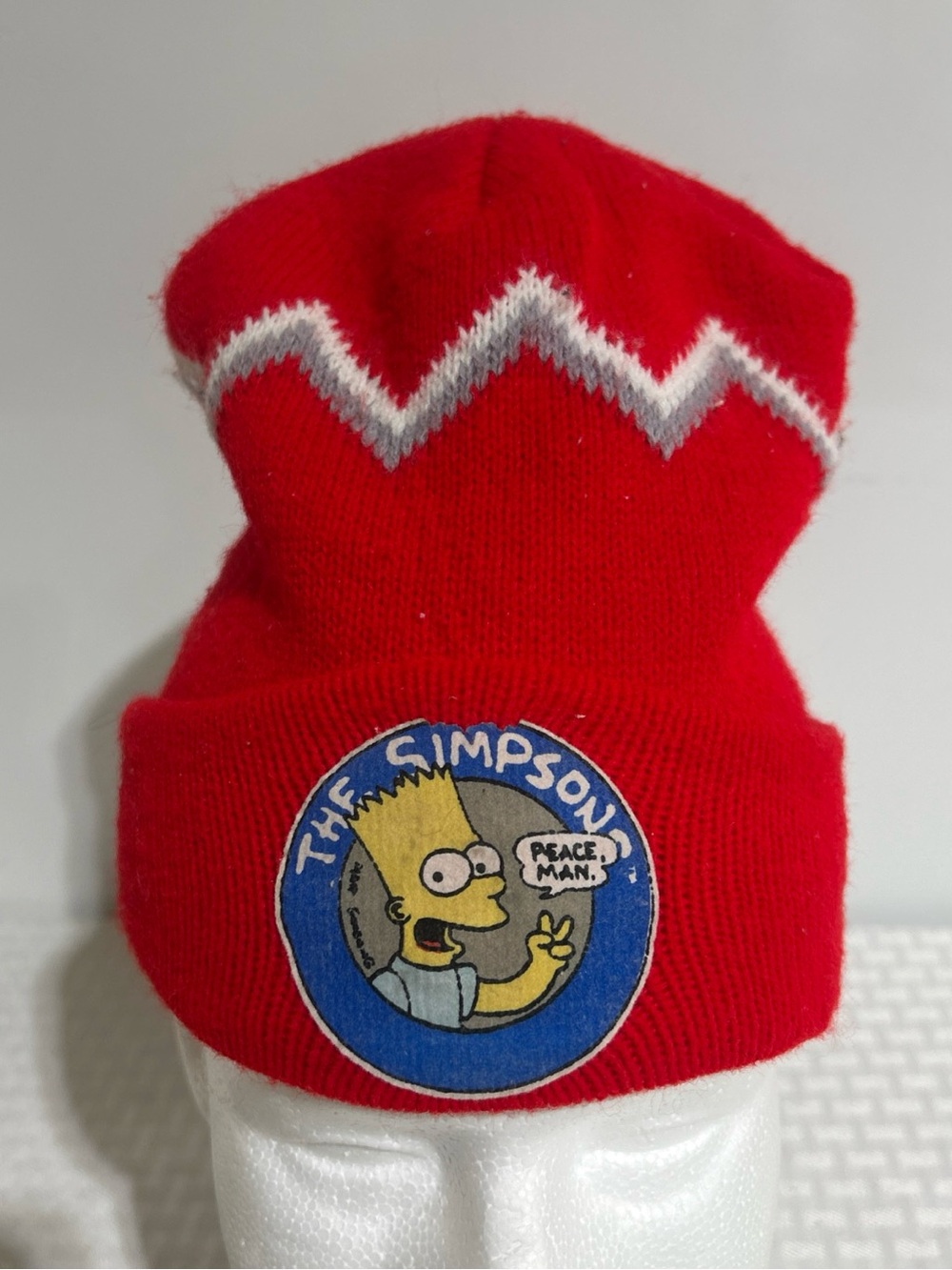 Vtg 90's THE SIMPSONS Bart Beanie Knit Hat Red Zig Zag Peace Man Cap One Size